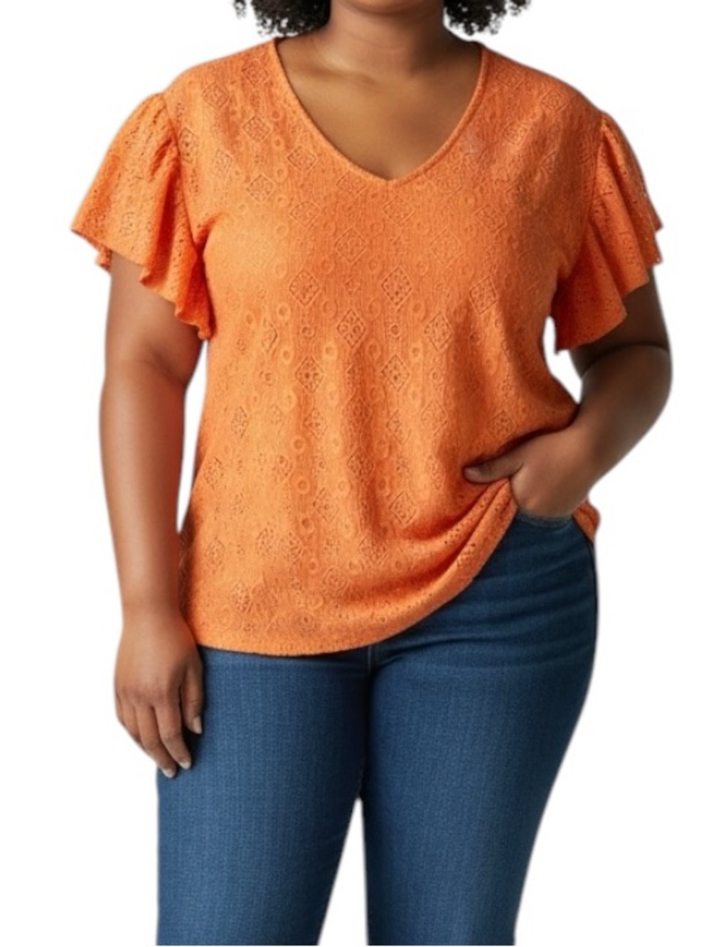 French Laundry Women’s Size 1X Orange Eyelet Flutter Sleeve Blouse